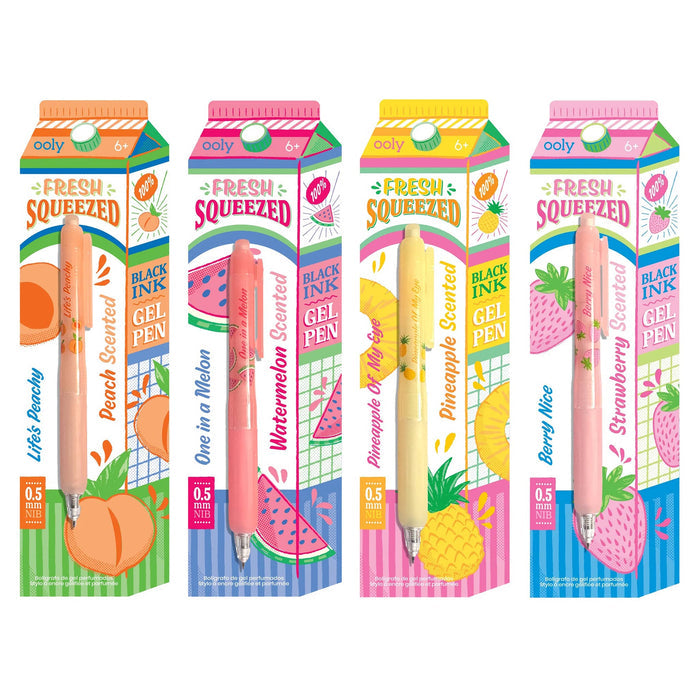 Four Ooly gel pens in colorful illustrated juice box inspired packaging, shown side by side in Peach, Watermelon, Pineapple, and Strawberry scented pens.