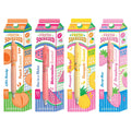 Four Ooly gel pens in colorful illustrated juice box inspired packaging, shown side by side in Peach, Watermelon, Pineapple, and Strawberry scented pens.