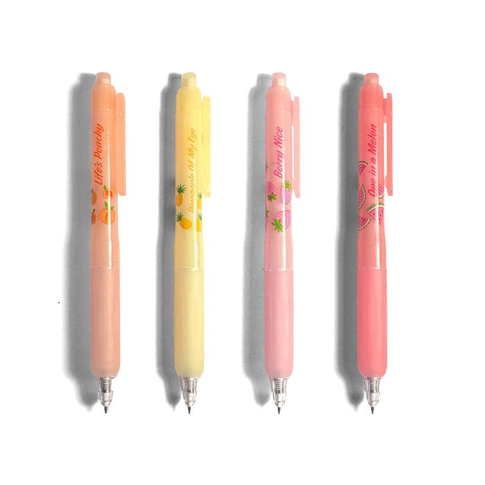 Four gel pens in peach, yellow, pink, and coral colors, lined up vertically on a white background with soft drop shadows. Each pen features a clear cap, a printed fruit illustration, and elegant cursive text on the barrel.