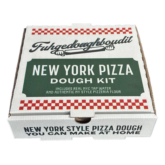 Fuhgeddowboutit New York Pizza Dough Kit packaging on a white background.