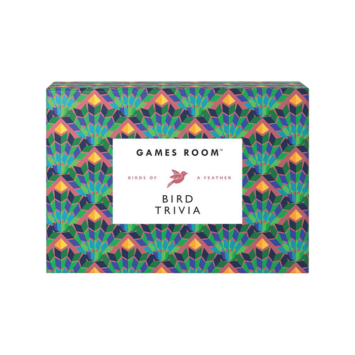 Ridley's Games Room Birds of a Feather bird trivia in box packaging front with a graphic feather design in blue, green, red and yellow.