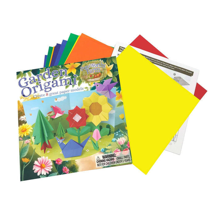 Garden Origami kit with colorful paper sheets and instructions on a white background.