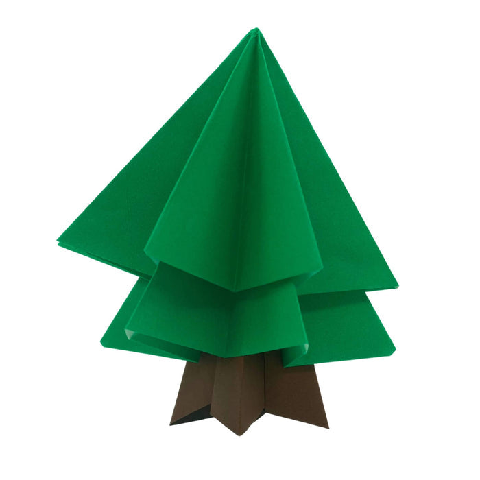 Green folded paper tree with a brown base on a white background.