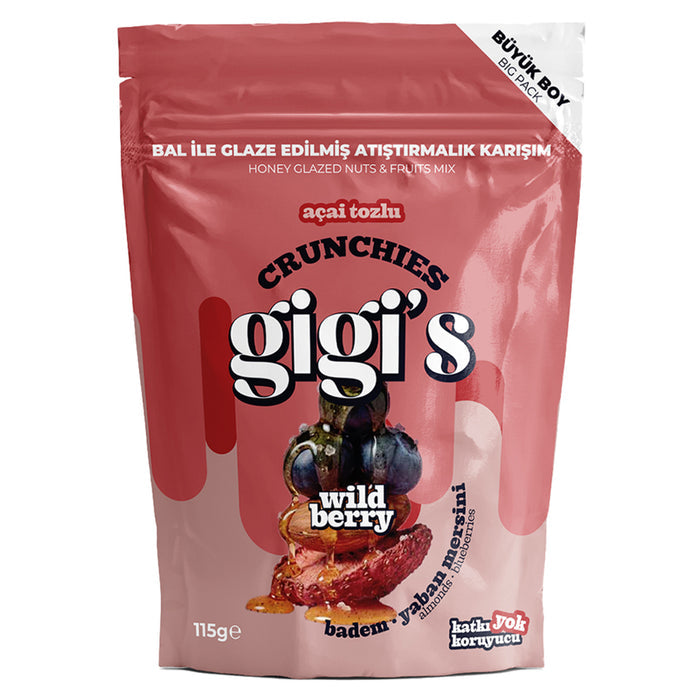 Enjoy a naturally sweet and satisfying bite with Gigi's Almond Blueberry Mixed Snack, a wholesome blend of crunchy almonds, juicy blueberries, honey, dried strawberry pieces, acai powder, and a touch of sea salt.