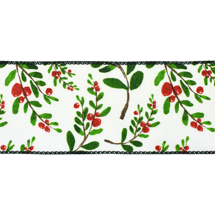 Glitter Berry and Holly Branches Wired Ribbon, 2-1/2-Inch, 10-Yard - White