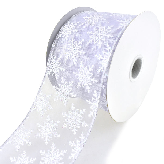 Glittered Snowflakes Sheer Wired Ribbon, 2-1/2-Inch, 10-Yard
