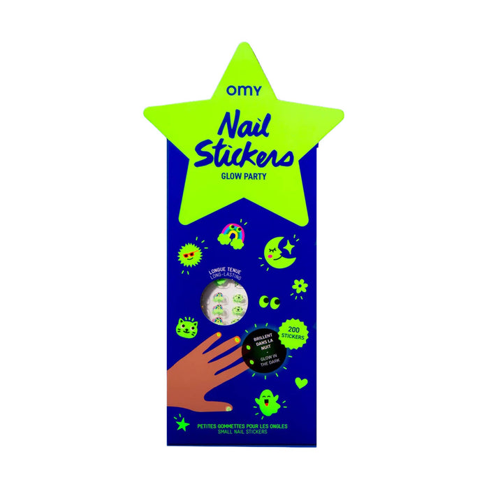 Glow in the dark nail stickers in blue packaging with a green star, on a white background.