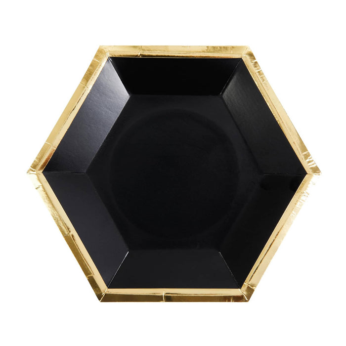CR Gibson black hexagon shaped paper party plate with gold trim.