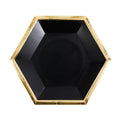 CR Gibson black hexagon shaped paper party plate with gold trim.