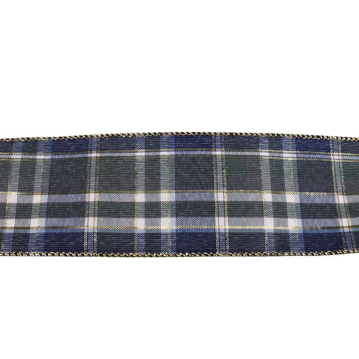 Gold Trim Plaid Wired Ribbon, 2-1/2-Inch, 10-Yard - Navy Blue/Moss