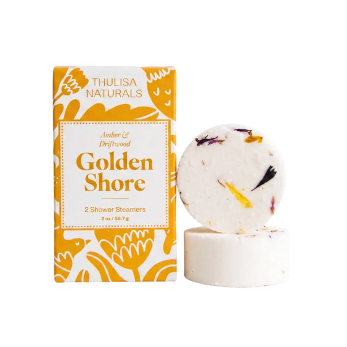 Thulisa Naturals Golden Shore shower steamers with packaging on a white background.