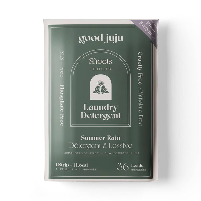Good Juju Laundry Detergent Sheets in Summer Rain scent, in green pouch packaging, front view.