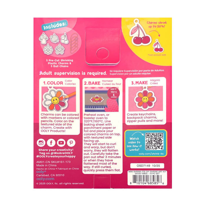 The back packaging of OOLY Good Vibes Mini Shrink Its kit, featuring a bright pink background with instructions and illustrations of the included pre-cut plastic charms, on a white background.
