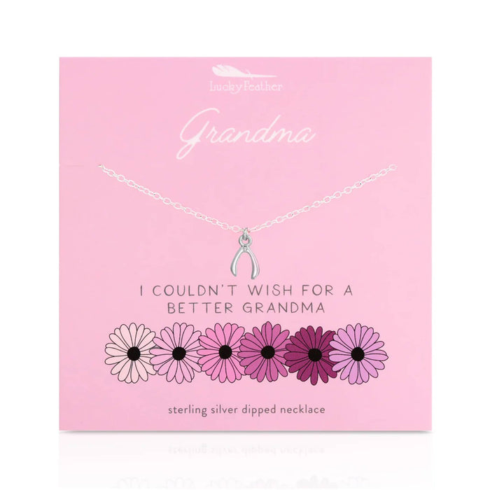 Necklace with wishbone pendant on a pink card for Grandma.