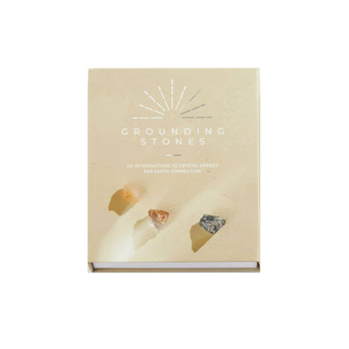 Front of a beige box with "Grounding Stones" title on a white background.