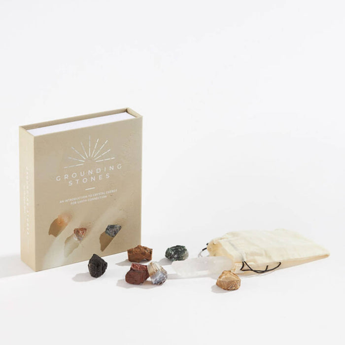 Grounding stones set with beige box packaging on a white background.
