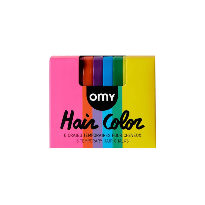 Pack of OMY temporary hair chalks in colorful packaging on a white background.
