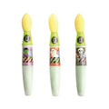 Three sponge brushes lined up horizontally on a white background. Each sponge has a bright yellow top, a lime green collar, and a white handle with a colorful Halloween-themed label featuring a zombie, a ghost, and a skull.