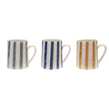 Three stoneware mugs with striped patterns on a white background.