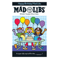 penguin random house happy birthday mad libs book paperback cover with 3 people behind a table with a cake and 4 presents with rainbow colored balloons behind them