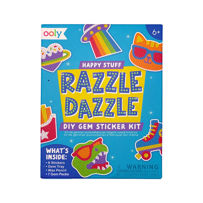 Ooly Happy Stuff Razzle Dazzle DIY Gem Sticker Kit box, featuring a bright blue cover decorated with colorful retro roller skate illustrations and gem-patterned graphics, on a plain white background.