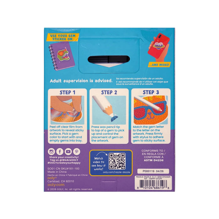Ooly Happy Stuff Razzle Dazzle DIY Gem Sticker Kit box, back view with simple instructions, on a plain white background.