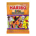 A 4 oz bag of Haribo Crazy Skeletons share-size gummi candy, featuring orange packaging with a cartoon skeleton, a yellow teddy bear, and visible gummy candies through a clear window.