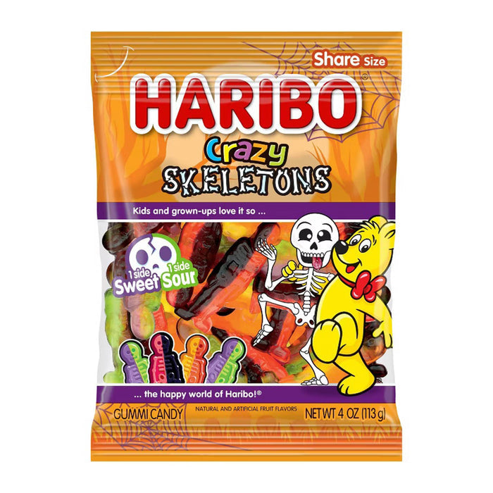 A 4 oz bag of Haribo Crazy Skeletons share-size gummi candy, featuring orange packaging with a cartoon skeleton, a yellow teddy bear, and visible gummy candies through a clear window.