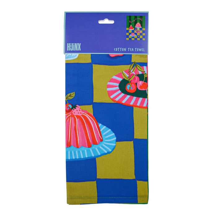 Packaged tea towel with gelatin mold desserts design and 'Hijinx' branding, front view, on a white background.