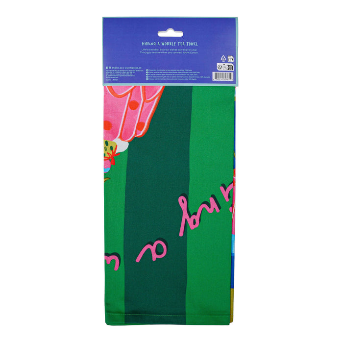 Packaged tea towel with gelatin mold desserts design and 'Hijinx' branding, back view, on a white background.