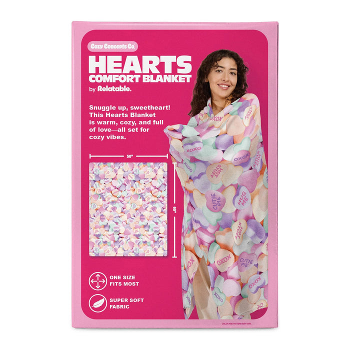 Hearts comfort blanket packaging with a pink background and product image.