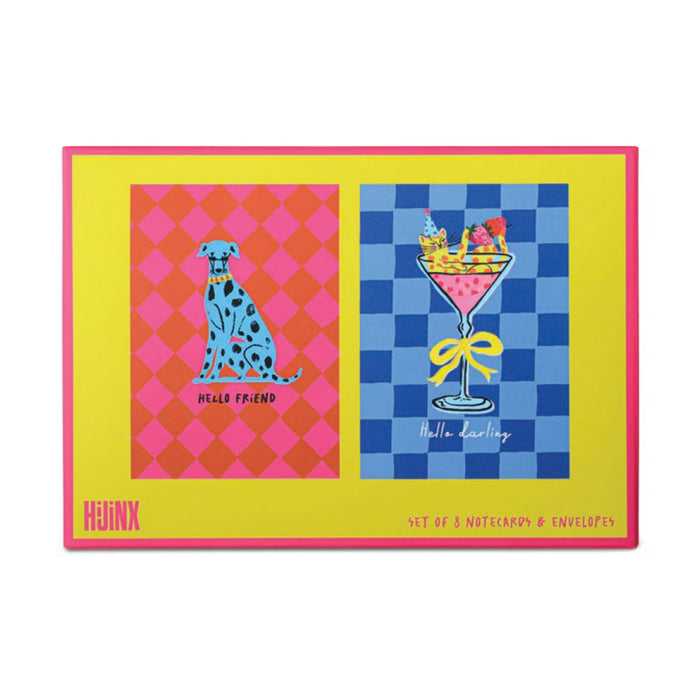 A set of two colorful notecards and matching envelopes from HIJINX in yellow box packaging, on a white background.