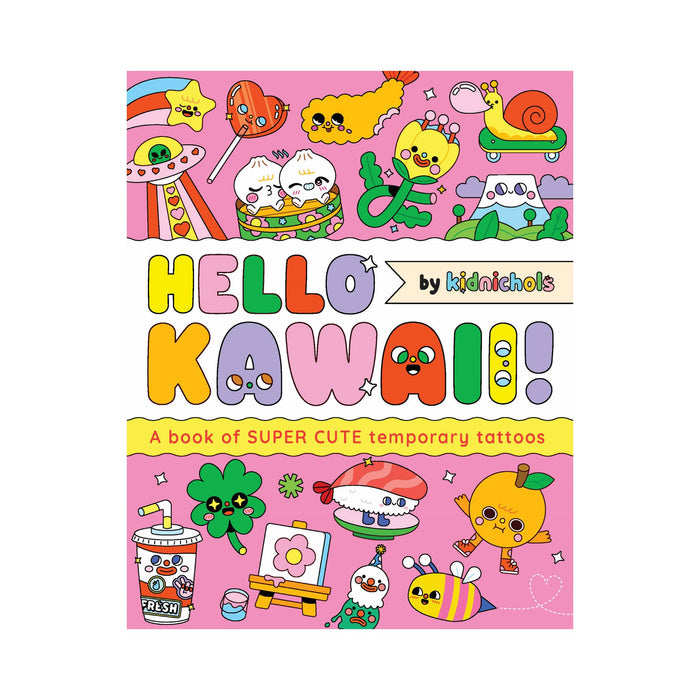 Hello Kawaii temporary tattoos book with colorful designs on a pink background.