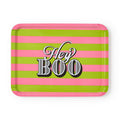 A rectangular paper tray with rounded corners, featuring alternating pink and lime green horizontal stripes and the text 'Hey BOO' in stylized white and black lettering in the center, shown on a plain white background.