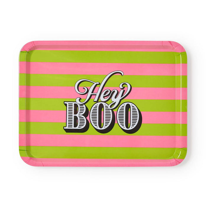 A rectangular paper tray with rounded corners, featuring alternating pink and lime green horizontal stripes and the text 'Hey BOO' in stylized white and black lettering in the center, shown on a plain white background.