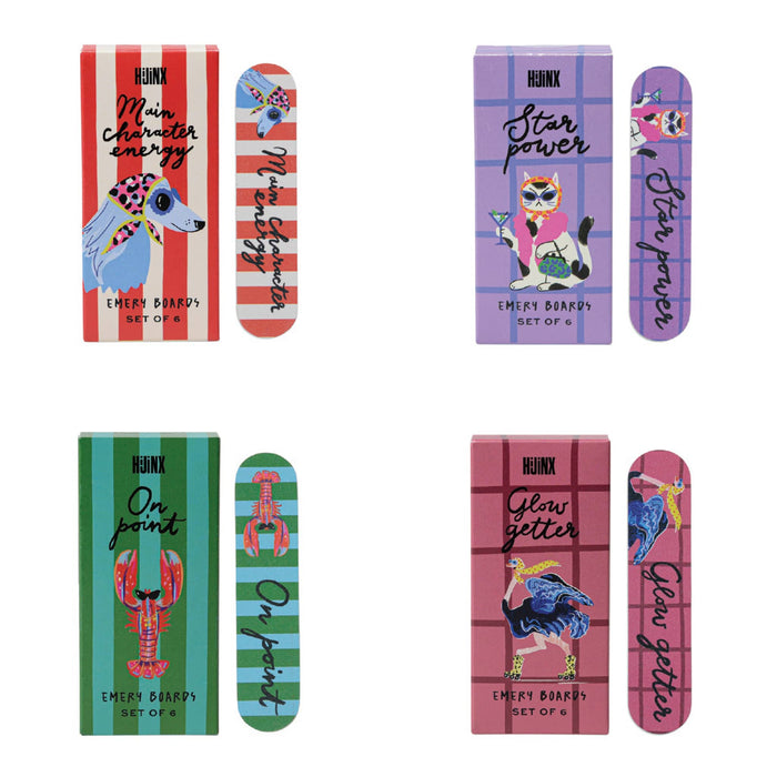Four boxed sets of novelty emery boards arranged in a 2x2 grid on a white background. Each box and emery board features a funny animal illustration and phrase.