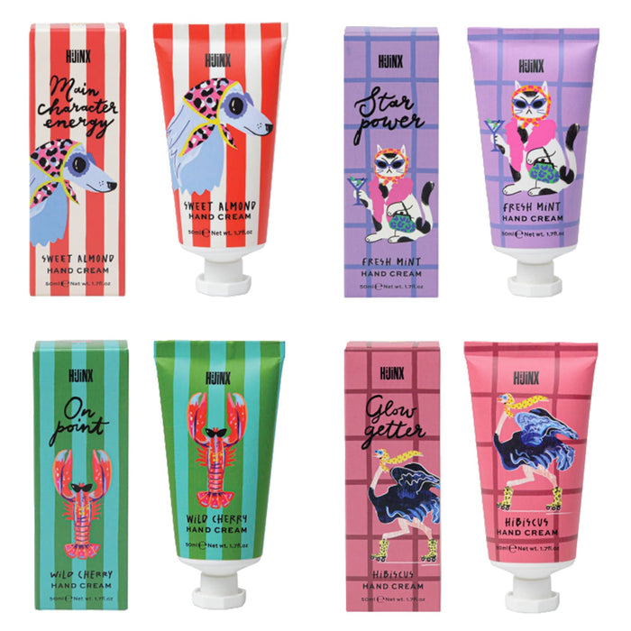Hijinx scented hand creams in 4 styles featuring funny animal illustrations on colorful patterned backdrops, tubes and box packaging for each is shown on a white background.