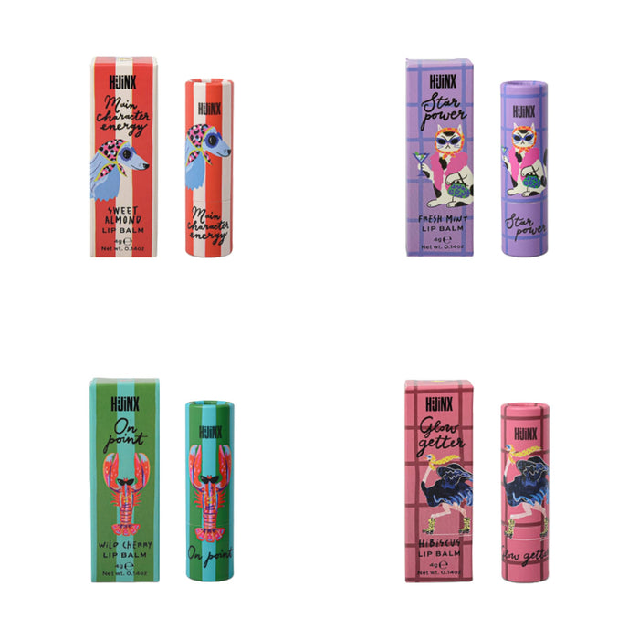 Four colorful illustrated lip balm tubes and their matching boxes arranged in a 2x2 grid on a white background.
