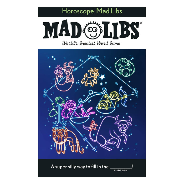 Mad Libs Horoscope book cover with zodiac signs and colorful design on a blue background.