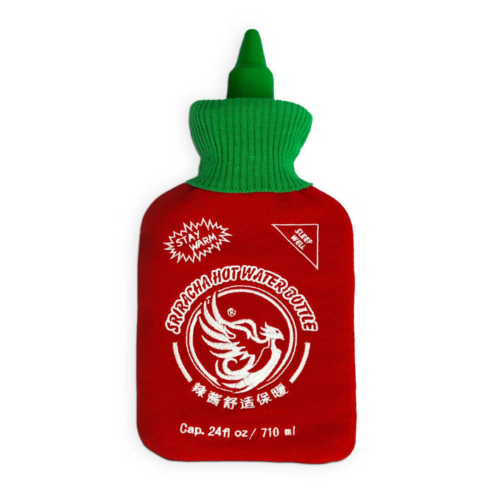 Hot sauce themed hot water bottle on a white background.