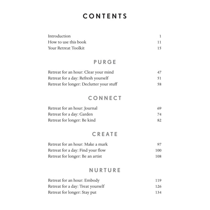 A printed table of contents page from a book, with headings such as Introduction, Purge, Connect, Create, and Nurture and page numbers listed beside each section.