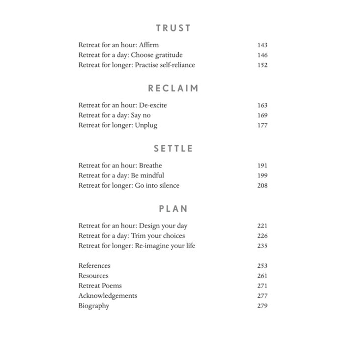 A printed table of contents page from a book, showing headings such as TRUST, RECLAIM, SETTLE, and PLAN with corresponding text and page numbers on a white page.