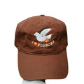 Brown cap with pigeon design and 'I ❤️ pigeons' text on a white background.