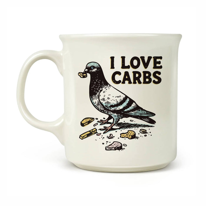 Mug with a pigeon illustration and 'I Love Carbs' text on a white background.