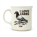 Mug with a pigeon illustration and 'I Love Carbs' text on a white background.