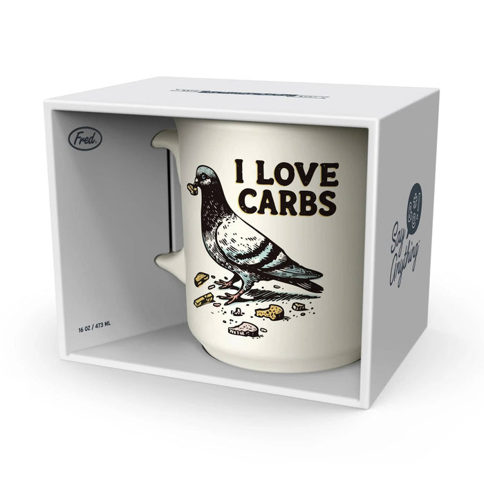 Mug with 'I Love Carbs' text and pigeon design in a white box packaging.