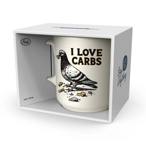 Mug with 'I Love Carbs' text and pigeon design in a white box packaging.