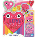 Colorful children's book cover with heart-shaped characters and 'I Love You So Much!' text.
