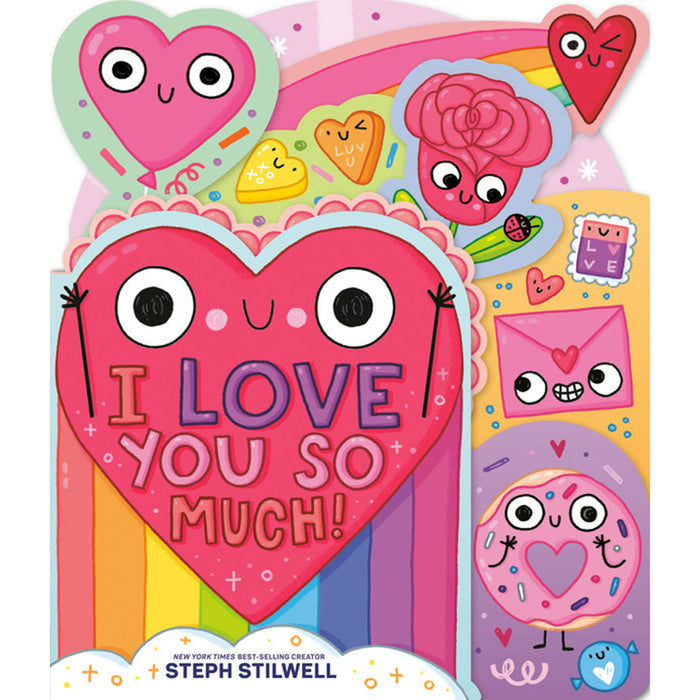 Colorful children's book cover with heart-shaped characters and 'I Love You So Much!' text.