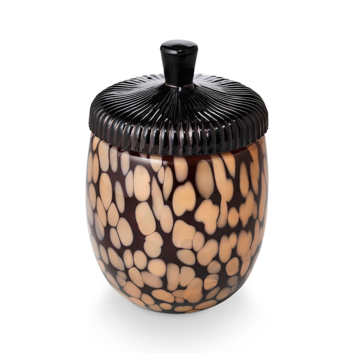 A decorative lidded jar shaped like an acorn with a glossy black ribbed lid and a rounded body covered in an organic beige and dark brown spotted pattern, shown on a white background.